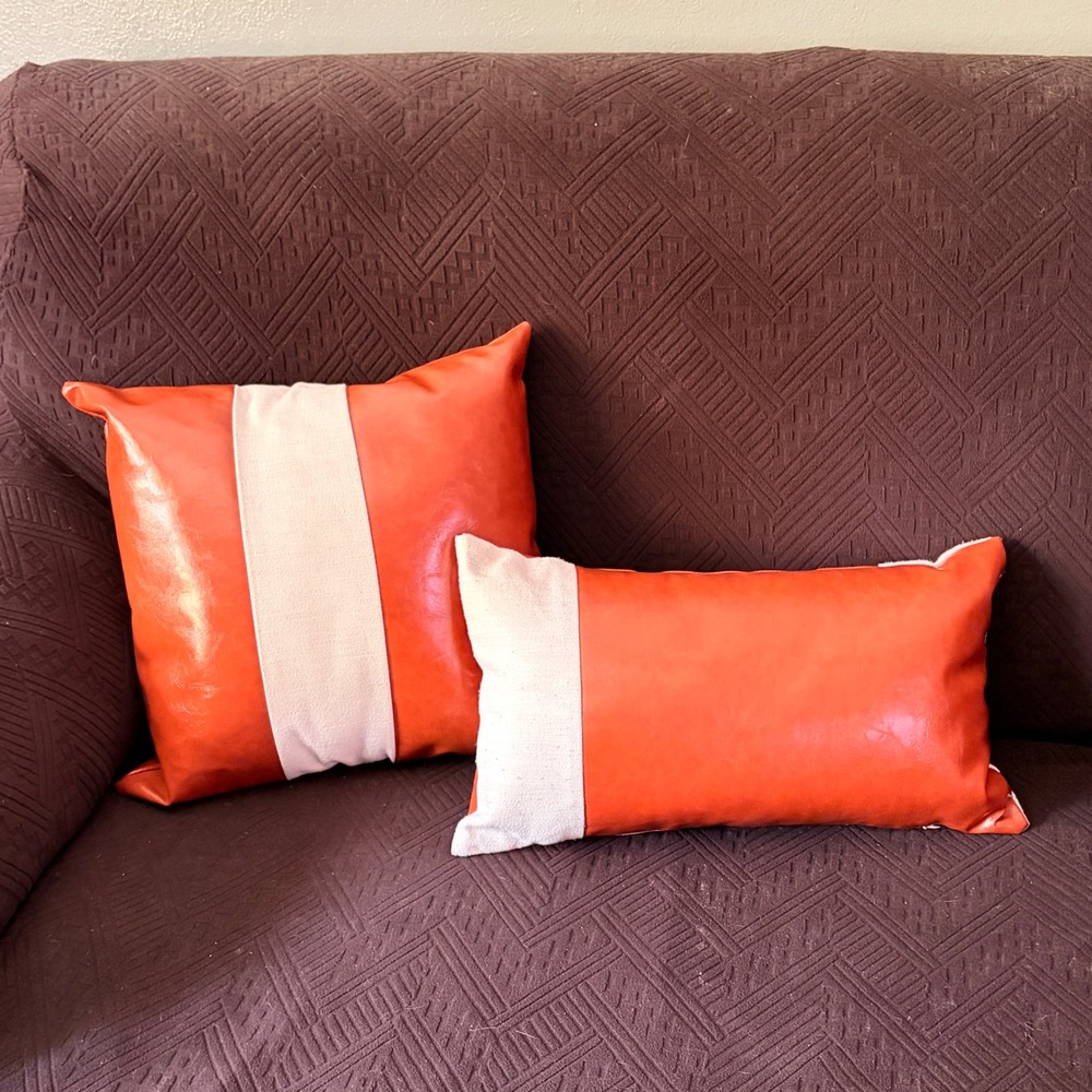 EFOLKI Orange Faux Leather & Canvas Throw Pillow Set 2pc Square Lumbar Striped